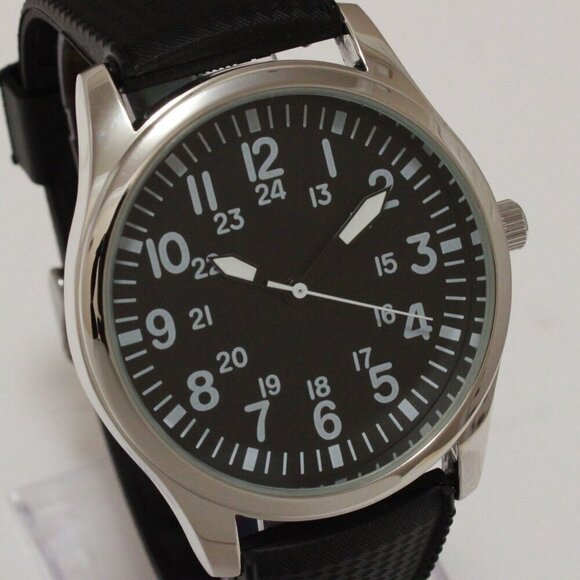 Men's Quartz Field Watch Silver Case Black Tropical Strap 42mm - Picture 8 of 12